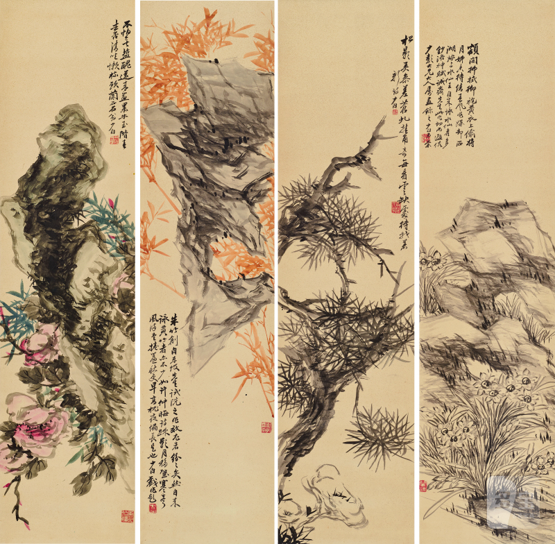 周少白 花石四屏 - 图1
